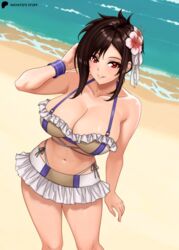  arm_on_own_head armpit_crease artist_name bare_shoulders beach breasts brown_hair cleavage collarbone commentary female final_fantasy final_fantasy_vii final_fantasy_vii_rebirth final_fantasy_vii_remake flower frilled_bikini_top hair_flower hair_ornament hayato_stuff highleg highres large_breasts long_hair navel official_alternate_costume outdoors red_eyes smile solo standing teeth tifa_lockhart tifa_lockhart_(shining_spirit) twitter_username water 