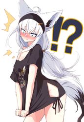  !? ahoge animal_ears black_headband black_shirt blue_eyes blush breasts cleavage clothes_pull embarrassed female fox_ears fox_girl fox_tail headband highres hololive kaiju_ryoku long_hair looking_at_viewer low_ponytail no_panties official_alternate_costume shirakami_fubuki shirakami_fubuki_(loungewear) shirt shirt_pull small_breasts tail tied_shirt virtual_youtuber white_background white_hair 