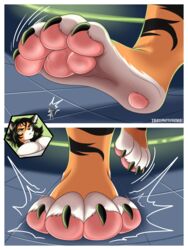  2024 3:4 absurd_res anthro border comic_panel duo extreme_size_difference feet felid female foot_fetish foot_focus hi_res macro mammal micro pantherine pawpads paws size_difference step_pose stepped_on stomped stomping stripes thaismotosuwa tiger white_border 