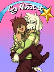  2024 2_horns 3:4 5_fingers accessory adopted_(lore) ambiguous_gender ambiguous_human anthro arm_around_neck asriel_dreemurr blue_background blue_eyes boss_monster_(undertale) bottomwear brown_bottomwear brown_clothing brown_footwear brown_hair brown_pants brown_shoes carrying_another carrying_partner claws clothed clothed_ambiguous clothed_anthro clothed_human clothed_male clothing deathheadmoth00 deltarune duo english_text fake_horns finger_claws fingernails fingers flesh_fang footwear fur gesture gradient_background green_clothing green_sweater green_topwear hair hair_accessory hair_over_eyes hairband half-closed_eyes hand_gesture hand_on_back hand_on_butt hand_on_shoulder head_tuft head_turned hi_res horn hug human kris_(deltarune) leg_wrap long_sleeves looking_at_viewer male male/ambiguous male_anthro mammal matching_outfits medium_hair middle_finger multicolored_clothing multicolored_sweater multicolored_topwear nails narrowed_eyes pants pink_background pink_tongue pseudo_incest_(lore) purple_background red_hairband romantic romantic_couple shoe_soles shoes sibling_(lore) side_view simple_background smile smirk sweater tail tan_clothing tan_sweater tan_topwear taunting teasing teeth text the_coffin_of_andy_and_leyley tongue tongue_out topwear tuft two_tone_clothing two_tone_sweater two_tone_topwear undertale undertale_(series) white_body white_claws white_ears white_fur white_horn white_tail white_text 