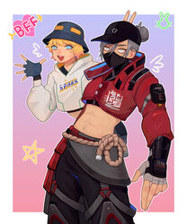  2girls abs animification apex_legends baseball_cap black_hat black_shirt blonde_hair blue_gloves blue_hat border bucket_hat colored_tips commentary crop_top cropped_hoodie cropped_jacket cropped_shirt fingerless_gloves gloves gold_choker gradient_background grey_gloves grey_hair hair_behind_ear hair_bun hat heart highres hood hoodie jacket looking_at_viewer mask mouth_mask multicolored_hair multiple_girls namjak navel official_alternate_costume pink_hair red_jacket shirt single_hair_bun smile star_(symbol) static_trainers_wattson street_smart_wraith symbol-only_commentary wattson_(apex_legends) white_border white_hoodie wraith_(apex_legends) 