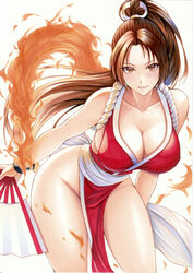  arm_guards bare_shoulders breasts brown_eyes brown_hair cleavage commentary_request fatal_fury female fire folding_fan hand_fan high_ponytail highres holding holding_fan japanese_clothes large_breasts leaning_forward legs long_hair looking_at_viewer ninja pelvic_curtain ponytail revealing_clothes rope shiny_skin shiranui_mai sideboob smile solo the_king_of_fighters thighs traditional_media yosaku_vs_hina 