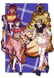  1boy 2others absurdres awaking_iii_leaves blue_background border brown_hair checkered_background clothes_lift couple facial_mark female green_hair higashikata_jobin higashikata_mitsuba highres husband_and_wife jojo_no_kimyou_na_bouken jojolion multiple_others outstretched_hand skirt skirt_lift speed_king stand_(jojo) swampland 