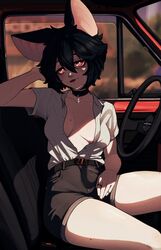  absurdres animal_ears arm_rest bat_ears bat_girl black_hair blush breasts breasts_apart car car_interior car_seat choker collared_shirt cross cross_choker dress_shirt english_commentary fang_out female glowing glowing_eyes hand_on_own_thigh head_rest head_tilt high-waist_shorts highres jewelry looking_at_viewer mekrani mole mole_on_breast mole_on_thigh mole_under_eye mole_under_mouth motor_vehicle multiple_moles multiple_rings no_bra oerba_yun_fang open_clothes original partially_unbuttoned red_eyes red_lips ring shirt shirt_tucked_in short_sleeves shorts sitting steering_wheel thighs unbuttoned unbuttoned_shirt white_shirt 