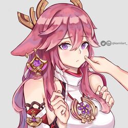  1other artist_name blush breasts cheek_pinching closed_mouth detached_sleeves ear_piercing earrings female genshin_impact hair_between_eyes hair_ornament hand_on_another&#039;s_cheek hand_on_another&#039;s_face highres instagram_logo instagram_username japanese_clothes jewelry kamiiart large_breasts long_hair looking_at_viewer piercing pinching pink_hair pink_nails purple_eyes sidelocks twitter_logo twitter_username yae_miko 