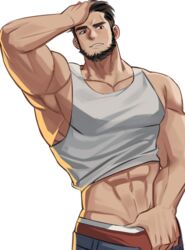  1boy abs_peek bara beard brk_603 brown_hair clothes_pull cowboy_shot facial_hair full_beard groin hand_on_own_head korean_commentary male_focus muscular muscular_male navel original pants pants_pull pulling_own_clothes short_hair simple_background solo tank_top white_background white_tank_top 