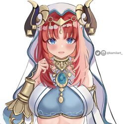  arabian_clothes artist_name blue_eyes blue_nails blush breasts crop_top dancer fake_horns female genshin_impact horns instagram_logo instagram_username kamiiart long_hair looking_at_viewer medium_breasts midriff nilou_(genshin_impact) open_mouth red_hair smile solo twintails twitter_logo twitter_username upper_body 