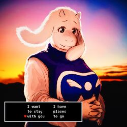  1:1 2023 anthro black_text_box boss_monster_(undertale) bovid caprine conditional_dnp delta_rune_(emblem) english_text female fur gameplay_mechanics goat hi_res komm64 mammal options solo sunset symbol text text_box toriel undertale undertale_(series) white_body white_fur wind 