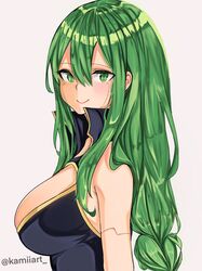  artist_name blush braid braided_ponytail breasts cleavage cleavage_cutout closed_mouth clothing_cutout eden&#039;s_zero female green_eyes grey_hair highres instagram_logo instagram_username kamiiart large_breasts long_braid long_hair looking_at_viewer low-braided_long_hair low-tied_long_hair smile twitter_logo twitter_username very_long_hair witch_regret 