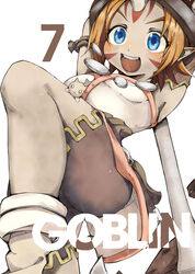  armband armpits ass blue_eyes blush boots breasts brown_armband brown_shorts character_name colored_skin commentary_request facial_mark fake_horns female female_goblin gob_(mon-musu_quest!) goblin grey_skin hammer helmet highres holding holding_hammer horned_helmet horns jewelry kawahara0527 knee_up mon-musu_quest! monster_girl necklace open_mouth pointy_ears shorts simple_background single_horn small_breasts smile solo teeth upper_teeth_only war_hammer weapon white_background white_tunic 