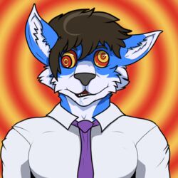  1:1 anthro blue_body blue_fur bodily_fluids caine_latrans_(artist) canid canine canis clothing derp_eyes drooling eyebrows fur goofy_smile hypnosis male mammal mattswolf mind_control necktie ring_eyes ringed_eyes saliva simple_background solo suit white_tipped_ears wolf 