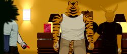  7:3 anthro bottomwear clothed clothing digital_media_(artwork) english_text felid felidae feline fur group hand_holding hi_res itstoshi kangaroo macropod male male/male mammal marsupial muscular muscular_anthro muscular_arms muscular_male pantherine rear_view shaded shirt stripes tail tank_top text tiger topwear yellow_body yellow_fur 