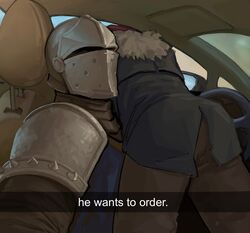  2boys alibonbonn armor ass car_interior car_seat commentary commission couple crusader_(darkest_dungeon) darkest_dungeon drive-thru english_commentary english_text facial_hair facing_viewer grey_helmet he_wants_to_order_(meme) helmet highwayman_(darkest_dungeon) knight looking_at_viewer lying_on_person male_focus mature_male meme multiple_boys short_hair snapchat steering_wheel thick_eyebrows yaoi 