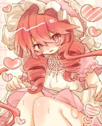  alternate_costume apron blush bonnet clothes_lift dress dress_lift drill_hair female funamusea hat heart hickey highres light_blush lobco_(funamusea) lolita_fashion long_hair looking_to_the_side oounabara_to_wadanohara open_mouth pink_background pink_dress puffy_short_sleeves puffy_sleeves red_eyes red_hair ribbon short_sleeves single_tear sitting solo twin_drills vmein_46 wavy_mouth white_apron white_hat white_ribbon 