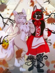  2023 anthro barefoot biped canid cel_shading claws clothed clothing crossdressing dress duo feet felid female ferwanwan fluffy fur halloween hi_res holidays kigurumi leaf male mammal onesie outside paws road shaded sidewalk standing trick_or_treat watermark white_body white_fur wings 