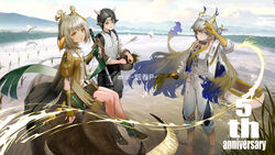  1boy 2girls absurdres animal animal_ears aqua_eyes arknights arm_up bird black_hair blonde_hair blue_hair bull character_request check_character chinese_clothes chinese_commentary cigarette_p closed_mouth commentary_request day dragon_girl dragon_horns dragon_tail earrings eastern_dragon_tail grain_buds_(arknights) grey_hair highres holding holding_plant horns jewelry long_hair looking_at_viewer magic multicolored_hair multiple_girls necklace off_shoulder open_mouth outdoors plant pointy_ears rice_paddy rural short_hair shu_(arknights) smile standing tail very_long_hair wan_qing_(arknights) water watermark weibo_logo weibo_watermark white_bird yellow_eyes 