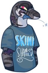  2017 alpha_channel anthro blue-tongued_skink blue_clothing blue_outline blue_shirt blue_text blue_tongue blue_topwear cel_shading clothed clothing digital_drawing_(artwork) digital_media_(artwork) grey_body grey_scales half-length_portrait handwritten_text jaspering lizard male male_anthro markings narrowed_eyes outline pink_eyes portrait pupils purple_markings reptile scales scalie shaded shirt simple_background skink slit_pupils snout solo striped_body striped_scales stripes text text_on_clothing text_on_shirt text_on_topwear tongue tongue_out topwear transparent_background white_text yellow_sclera 