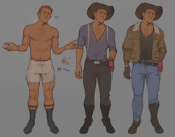  1boy bara beard boxers bulge chest_hair cowboy_(enri) cowboy_hat cowboy_western enri_(ceinordraws) facial_hair full_body hairy hat highres leg_hair looking_at_viewer male_focus male_underwear meme moustache multiple_views navel navel_hair nipples original pants pectorals pride_flag_question_mark_(meme) reference_sheet shirt short_hair sparse_chest_hair standing stomach t-shirt thick_beard thick_eyebrows thick_mustache toned toned_male topless_male underwear white_male_underwear 