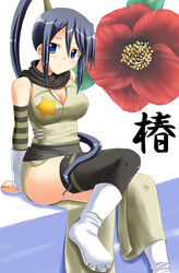  arms_behind_back ass black_hair black_scarf blue_eyes breasts camellia cleavage covered_nipples female flower head_tilt high_ponytail highres japanese_clothes lask leggings long_hair looking_at_viewer medium_breasts nakatsukasa_tsubaki ninja ponytail scarf sitting soul_eater star_(symbol) white_background 