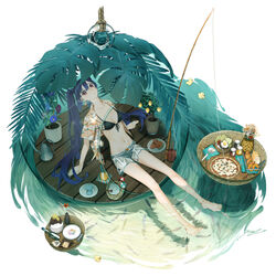  arm_support barefoot bikini bird black_bikini blue_hair bonsai bread croissant duck duckling earrings female fish fishing_rod flower food fried_egg front-tie_bikini_top front-tie_top fruit fruit_tree jewelry lemon long_hair looking_at_viewer open_clothes open_shirt original ornament palm_leaf pizza popsicle red_eyes salad sawaco_(sawaco520) see-through shorts signature sitting soaking_feet solo summer swimsuit tree twintails utensil very_long_hair water watering_can watermelon white_shorts wooden_floor 