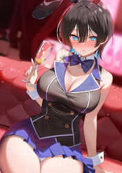  animal_ears bare_arms bare_shoulders black_hair black_hairband blue_bow blue_bowtie blue_eyes blue_skirt blush bow bowtie breasts bunny_garden buttons cleavage cup detached_collar double-breasted fake_animal_ears female hair_ornament hairband highres holding holding_cup indoors large_breasts miniskirt miuka_(bunny_garden) nontraditional_playboy_bunny panties parted_lips piyopoyo pleated_skirt rabbit_ears short_hair sitting skirt solo thighs underwear white_panties wrist_cuffs 