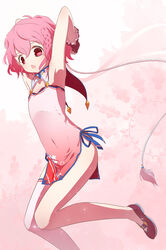  1boy armpits arms_behind_head arms_up blue_ribbon braid china_dress chinese_clothes commentary covered_navel crossdressing dress english_commentary foot_out_of_frame highres looking_at_viewer male_focus mole mole_under_eye open_mouth otoko_no_ko pink_dress pink_eyes pink_hair pretty_series pripara reona_west ribbon ruru_ashihara shoes short_hair side_braid side_slit solo standing 