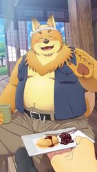  2024 5_fingers 9:16 absurd_res anthro belly big_belly blush bottomwear canid canine closed_eyes clothing detailed_background duo eyewear fingers food fox glasses hi_res humanoid_hands kemono male mammal moobs morenatsu open_mouth overweight overweight_male pants sitting smile solo_focus tetillust tetsuya_inoue 