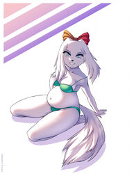  2024 accessory anthro belly big_belly bikini blue_eyes bow_(feature) bow_accessory bow_ribbon breasts canid canine canis clothed clothing colored digital_drawing_(artwork) digital_media_(artwork) domestic_dog fay_(star_fox) female fur hair_accessory hair_ribbon hairbow hand_on_breast hi_res kneeling long_ears looking_at_viewer mammal navel nintendo open_mouth overweight portrait ribbons shaded simple_background smile smiling_at_viewer solo star_fox swimwear tail teeth white_body wolf_jedi65 