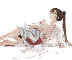  breasts brown_hair cleavage collarbone dino_(dinoartforame) female hair_between_eyes high_ponytail highres japanese_clothes jigokuraku kimono long_hair looking_up lying medium_breasts obi on_side open_clothes open_kimono pale_skin partially_undressed red_ribbon red_sash ribbon sash shade simple_background single_bare_shoulder solo thighs white_background white_kimono yamada_asaemon_sagiri 