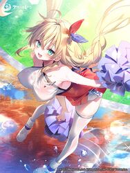  air_bubble azur_lane bare_shoulders blonde_hair braid breasts bubble cheerleader covered_nipples cross-laced_footwear cross_hair_ornament female floating_hair green_eyes hair_ornament highres holding holding_pom_poms large_breasts le_temeraire_(azur_lane) le_temeraire_(cheering_star)_(azur_lane) looking_at_viewer official_alternate_costume official_art open_mouth pom_pom_(cheerleading) red_skirt riichu shirt shoes skirt sleeveless sleeveless_shirt smile socks socks_over_thighhighs solo teeth thighhighs upper_teeth_only white_footwear white_socks white_thighhighs zettai_ryouiki 