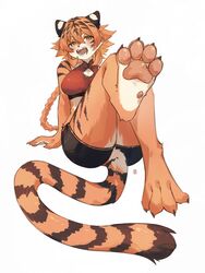  4_toes absurd_res anthro blush claws feet felid female foot_fetish foot_focus fur green_eyes hair hi_res kawarage_yatano mammal minmei_(kawarage_yatano) orange_body orange_fur pantherine pawpads solo striped_body striped_fur stripes tail tiger toes 