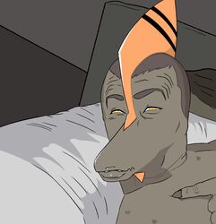  2024 anthro bed brown_body brown_hair brown_scales cavemanon_studios claws detailed_background digital_drawing_(artwork) digital_media_(artwork) dinosaur extinct finger_claws fingers furniture goodbye_volcano_high hair head_crest inside limmy male meme milesmiles naser_(gvh) on_bed prehistoric_species pterodactylus pterosaur reptile scales scalie short_hair snoot_game snout solo yellow_eyes 