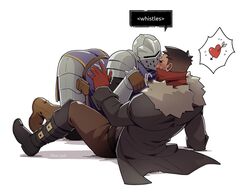  2boys arrow_through_heart ass bara bean_souls blush couple crusader_(darkest_dungeon) darkest_dungeon facial_hair full_body heart helmet_kiss highres highwayman_(darkest_dungeon) knight male_focus mature_male motion_lines multiple_boys pelvic_curtain poking profile short_hair spoken_heart thick_eyebrows yaoi 