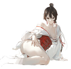  bare_legs breasts brown_eyes brown_hair closed_mouth dino_(dinoartforame) female hair_between_eyes hand_on_own_thigh high_ponytail highres japanese_clothes jigokuraku kimono long_hair looking_at_viewer lying medium_breasts on_side pale_skin partially_undressed red_sash sash sidelocks single_bare_shoulder solo thighs very_long_hair white_kimono yamada_asaemon_sagiri 