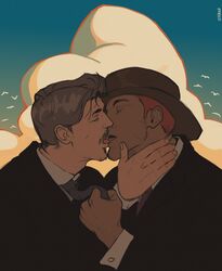  2boys bara closed_eyes cowboy_hat enri_(ceinordraws) facial_hair french_kiss from_side hand_on_another&#039;s_neck hat highres kissing male_focus mature_male multiple_boys necktie necktie_grab neckwear_grab original profile short_hair sideburns sideburns_stubble sparse_arm_hair stubble suit sunset tongue tongue_out upper_body yaoi 