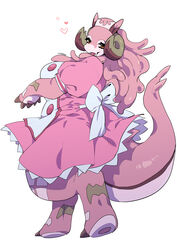  animal_feet animal_hands artist_name back_bow bow brown_eyes brown_horns claws colored_skin commentary_request curled_horns digitigrade dragon_girl dragon_horns dragon_tail dragonmaid_ernus dress dress_bow fangs female full_body furry furry_female horns long_hair looking_at_viewer looking_back maid nurse_dragonmaid open_mouth pink_dress pink_hair pink_skin plump simple_background skin_fangs solo standing tail teko_(tawake) tentacle_hair white_background white_bow yu-gi-oh! 