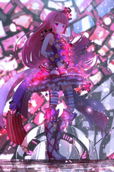  blunt_bangs blurry blurry_background boots female frilled_thighhighs frills full_body glowing glowing_eyes hand_on_own_face hand_up highres hojo_sophy holding holding_microphone idol_clothes knee_boots layered_skirt long_hair looking_at_viewer microphone multicolored_clothes multicolored_skirt pink_hair pretty_series pripara purple_eyes purple_shirt reflective_surface ruru_ashihara shirt skirt smile solo standing thighhighs torn_clothes torn_shirt wrist_cuffs 