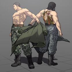  2boys abs back-to-back back_tattoo bara boots buzz_cut camouflage camouflage_pants character_request contrapposto crossed_arms from_side full_body grey_hair highres irezumi large_pectorals male_focus mature_male multiple_boys muscular muscular_male nipples pants pectorals ryuu_ga_gotoku_(series) ryuu_ga_gotoku_4 ryuu_ga_gotoku_5 saejima_taiga serious short_hair sideburns standing strongman_waist tattoo thick_eyebrows touya_65 undressing very_short_hair 