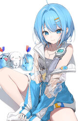  ahoge arahashi_tabi blue_eyes blue_hair blush blush_stickers breasts butterfly_sitting canine cinnamoroll cleavage closed_mouth commentary creature dduck_kong female hair_ornament hairclip highres jacket jewelry long_sleeves looking_at_viewer magnet multicolored_hair necklace off_shoulder partially_unzipped puffy_long_sleeves puffy_sleeves pungdangi_(arahashi_tabi) sanrio see-through see-through_jacket shadow short_hair sitting sleeves_past_wrists socks solo stellive streaked_hair symbol-only_commentary white_dog white_hair white_socks 