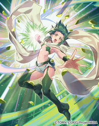  bare_shoulders boots breasts clenched_hand collarbone copyright_notice female forehead green_eyes green_footwear green_hair grey_shorts highres looking_at_viewer midoriko_(wixoss) multicolored_hair navel official_art open_mouth revealing_clothes shoes short_shorts shorts small_breasts solo thigh_boots two-tone_hair v-shaped_eyebrows wixoss yuko_(uc_yuk) 