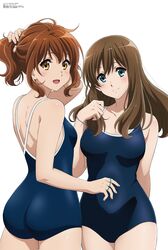  2girls :d absurdres ass back bare_legs bare_shoulders blue_eyes blue_one-piece_swimsuit blush breasts brown_hair closed_mouth collarbone commentary english_commentary eyelashes fluffy_hair from_behind hair_between_eyes hair_tie hibike!_euphonium highres kadowaki_miku kuroe_mayu large_breasts long_hair looking_at_viewer looking_back medium_breasts medium_hair megami_magazine multiple_girls official_art one-piece_swimsuit open_mouth orange_eyes oumae_kumiko ponytail school_swimsuit simple_background smile spaghetti_strap swimsuit third-party_source translation_request white_background 