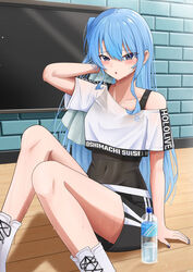  black_shorts black_sports_bra blue_eyes blue_hair blush breasts character_name covered_navel crop_top crop_top_overhang cropped_shirt female hair_between_eyes highres hiiragi_melt hololive hololive_dance_practice_uniform hoshimachi_suisei leotard leotard_under_clothes long_hair looking_at_viewer midriff official_alternate_costume open_mouth shirt shorts small_breasts solo sports_bra sports_bra_peek star_(symbol) star_in_eye sweat symbol_in_eye virtual_youtuber white_shirt white_wristband workout_clothes 