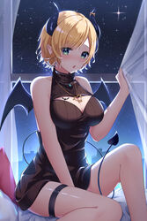  absurdres black_dress blonde_hair blue_eyes blush breast_tattoo breasts cleavage cleavage_cutout clothing_cutout demon_girl demon_horns demon_tail dress female gold_necklace heart heart_necklace heart_tattoo highres hololive horns jewelry large_breasts looking_at_viewer mira_bluesky3 necklace night night_sky official_alternate_costume open_mouth pointy_ears short_hair sky star_(sky) starry_sky tail tail_around_own_leg tattoo thigh_strap turtleneck turtleneck_dress virtual_youtuber winged_heart_tattoo yuzuki_choco yuzuki_choco_(streetwear) 