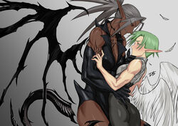  2girls absurdres angel_and_devil angel_wings arm_tattoo armor ass bare_arms bare_shoulders black_gloves breastplate breasts celewen cleavage commentary dark-skinned_female dark_elf dark_skin demon_wings detached_wings drill_(emilio) earrings elbow_gloves elf feathers from_side gloves green_hair grey_background hand_on_another&#039;s_back height_difference highres interracial jewelry large_breasts long_hair long_pointy_ears looking_at_another multiple_girls muscular muscular_female neck_tattoo neytharone_(drill_(emilio)) original parted_lips pointy_ears ponytail profile red_eyes short_hair simple_background smirk stud_earrings tail tattoo very_dark_skin wings yellow_eyes yuri 