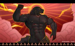  1boy abs absurdres bara clenched_hand cloud cowboy_shot dinosaur_boy electricity electrokinesis furry furry_male godzilla godzilla_(monsterverse) godzilla_(series) greek_painting_style hercules_(1997_film) highres holding_lightning_bolt large_pectorals male_focus meme monsterverse muscular muscular_male nipples nude parody pectorals profile shibziroo solo style_parody sunburst then_along_came_zeuszilla_(meme) zeuszilla_(plasmili0) 