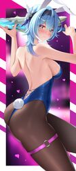  absurdres alternate_costume animal_ears backless_leotard bare_arms bare_back bare_shoulders black_hairband blue_hair blue_leotard blush brown_pantyhose commentary_request eula_(genshin_impact) fake_animal_ears feifu female genshin_impact hairband highres leotard long_hair looking_at_viewer pantyhose playboy_bunny rabbit_ears rabbit_tail solo tail thigh_strap thighs 