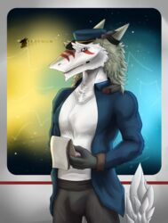  4_fingers absurd_res anthro clothed clothing digital_drawing_(artwork) digital_media_(artwork) fingers fur hat headgear headwear hi_res keel korrin_(dragon7400) looking_at_viewer male mammal mane muscular sergal shaded simple_background solo space_marine tail teremunart white_body white_fur 