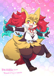  animal_ear_fluff animal_ears artist_name black_leotard blonde_hair blue_background body_fur braixen breasts commission detached_collar digitigrade elbow_gloves female fox_ears fox_girl fox_tail full_body furry furry_female gloves gradient_background large_breasts leotard looking_at_viewer neck_fur neck_ribbon oerba_yun_fang open_mouth pink_background pokemon pokemon_(creature) red_eyes red_ribbon ribbon standing standing_on_one_leg tail teko_(tawake) thighhighs twitter_username vest white_vest yellow_fur 