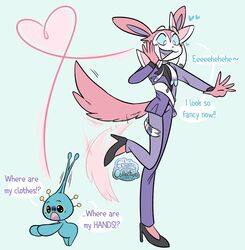  ambiguous_gender antennae_(anatomy) anthro berri_(eclairscollection) blue_border blush blush_stickers body_swap border bottomwear bow_ribbon clothing confusion duo eclairscollection eeveelution english_text footwear generation_4_pokemon generation_6_pokemon hand_on_face heart_symbol high_heels jacket legendary_pokemon manaphy nintendo nonbinary_(lore) one_leg_up pants pokemon pokemon_(species) raised_leg sylveon tail tail_motion tailwag text topwear 