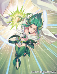  bare_shoulders breasts clenched_hand collarbone commentary_request copyright_notice detached_pants female forehead green_eyes green_footwear green_hair grey_shorts highres looking_at_viewer midoriko_(wixoss) multicolored_hair official_art revealing_clothes shoes short_shorts shorts small_breasts smile solo two-tone_hair v-shaped_eyebrows wixoss yuko_(uc_yuk) 